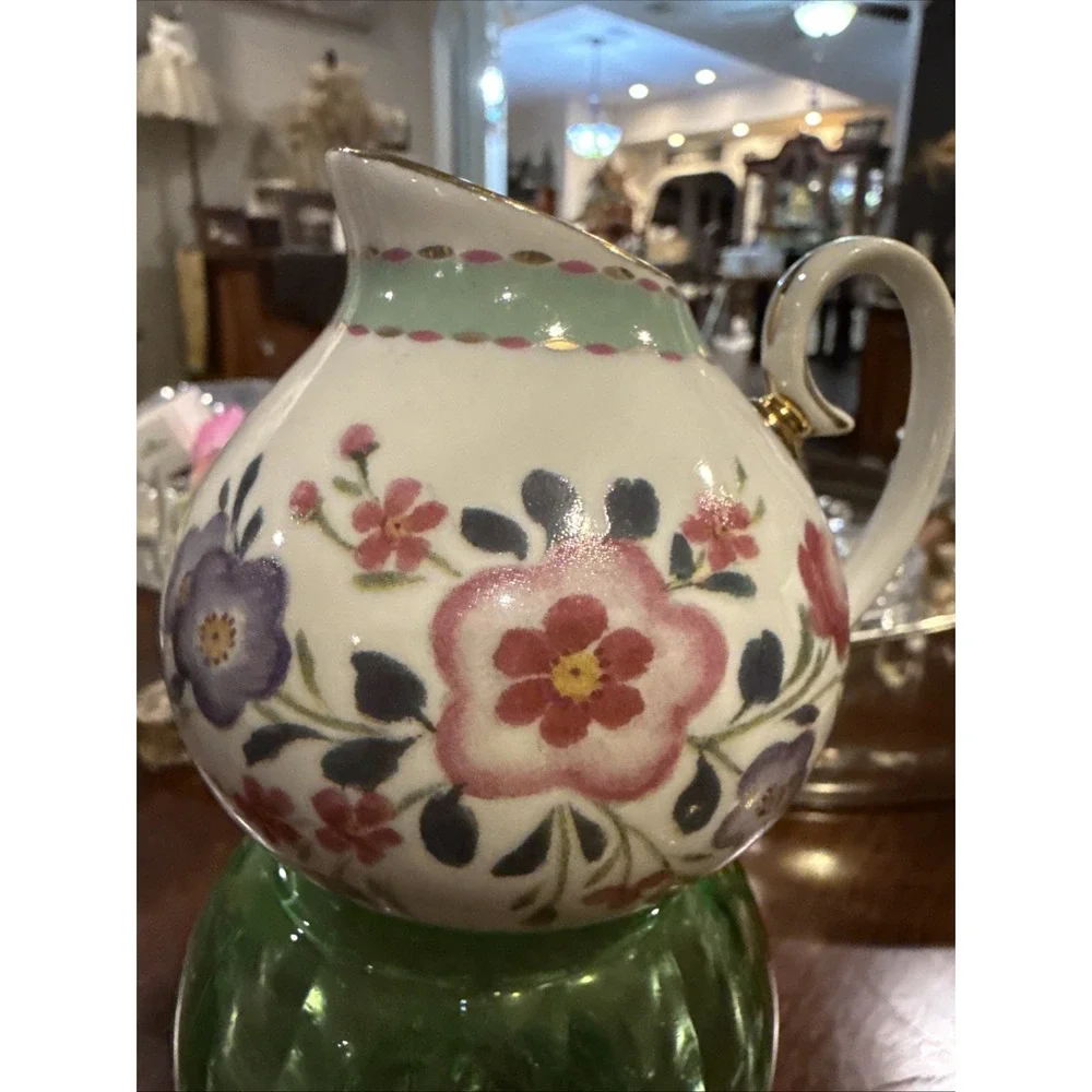 Small Gold Trimmed Creamer Pitcher Jug - White Pink & Purple Flowers